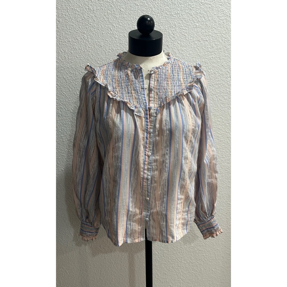 Fate Women’s Top Sz Small Striped Smocked Peasant Boho Cotton Blue White Ruffle